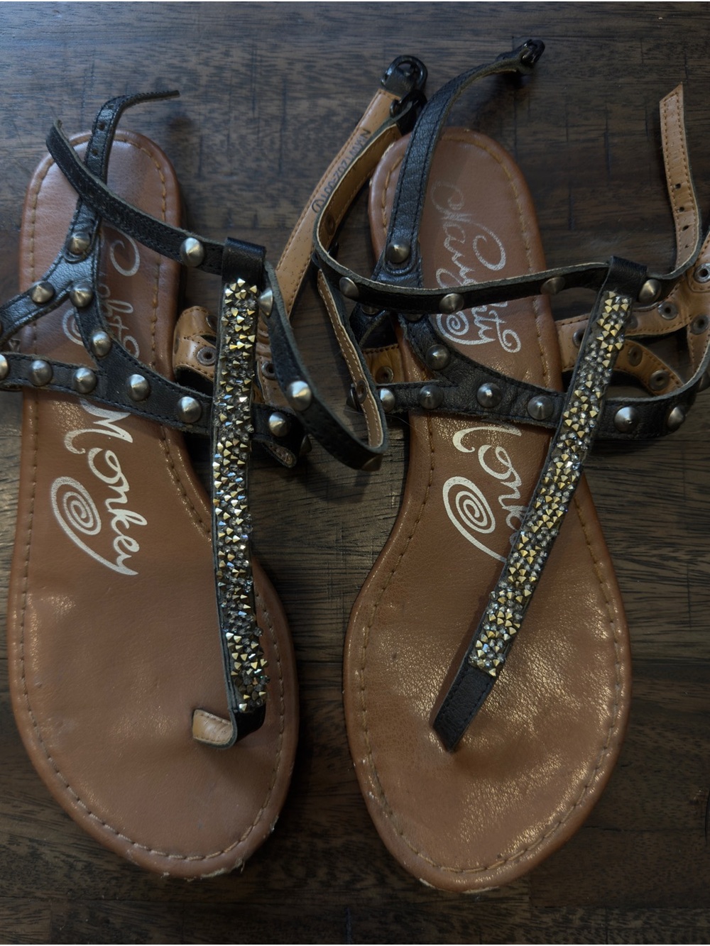 Naughty Monkey Gladiator Sandals with Rhinestone and Spike Accents